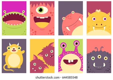 Collection of banner, background, flyer, placard with cute monsters. Birthday poster set for scrapbooking. Vector template card for greeting, decorations, congratulations in pastel color. EPS8
