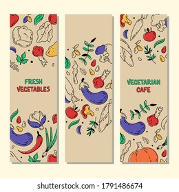 Collection banner design with vegetables. For cafe and restaurant menu, advertisement, promotion. Healthy food. Isolated vector illustration