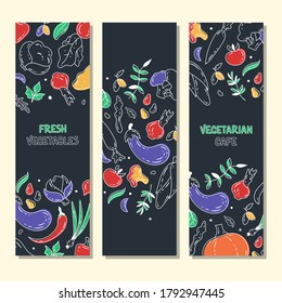 Collection banner design with vegetables on dark background. For cafe and restaurant menu, advertisement, promotion. Healthy food. Isolated vector illustration