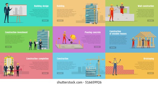 Collection of banner with different stages of building. Building design, building, wall construction, construction of wooden houses and investment, completion, pouring concrete, bricklaying. Vector
