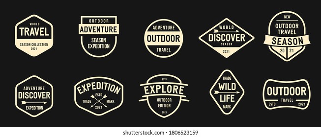 Collection of banner, logo, badge or label in retro vintage style. Graphic elements different forms. Minimalistic vector objects template for branding travel, outdoor, expedition events.