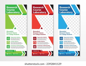 collection of banner roll up design, science concept. Graphic template for exhibitions, banners for seminar, layout for placement of photos. Universal stand for conference, promo vector background.