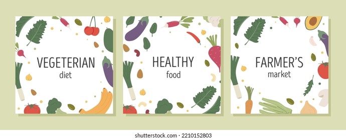 Collection of banner round circle composition with colorful vegetables for farmers market menu design. Healthy food. Set of border with organic local products square card template. Vector illustration