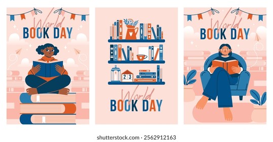 Collection of banner templates to Book Day. Young woma sitting in armchair and reading book, girl sitting on stack of books. Bookshelf with books, vase, lantern. Design of flyers. Flat Design. 