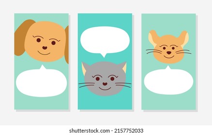 Una colección de plantillas de banners con mascotas - gato, perro y ratón para las redes sociales. Estilo Doodle. Ilustración del vector