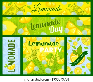 Collection of banners for advertising lemonade. Hand-drawn glass glasses with ice cubes and lemon slices. Stickers with the inscription lemonade, vector illustration. Refreshing summer drink.