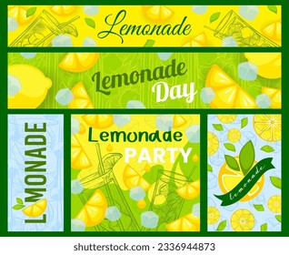 Collection of banners for advertising lemonade. Hand-drawn glass glasses with ice cubes and lemon slices. Stickers with the inscription lemonade, vector illustration. Refreshing summer drink.