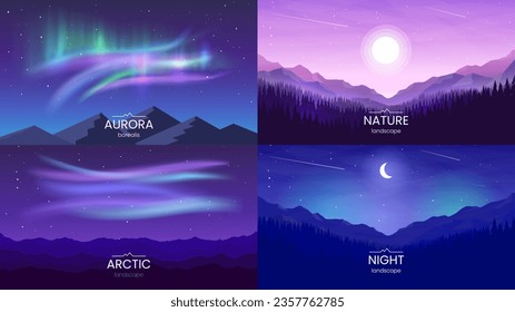 Colección de banners. Aurora Borealis, puesta de sol en las montañas, luna y estrellas en el cielo nocturno. Banners horizontales de estilo plano. El concepto de turismo, investigación de la naturaleza, viajes. Ilustración vectorial.