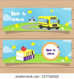 Collection of banners Back to school, school bus goes to school, books with apple, vector illustration