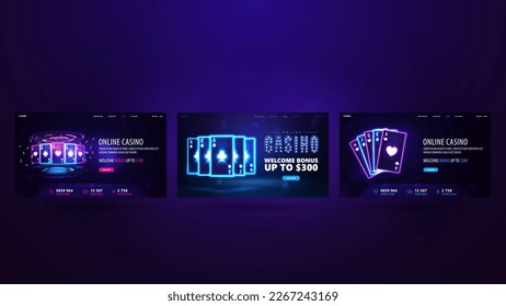 Collection of banners with casino neon cards. Digital neon casino web banners set