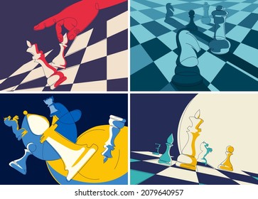 Collection of banners with chess pieces. Placard designs in doodle style.