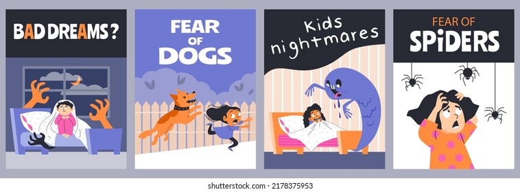 Collection of banners of childhood fears and nightmares with cartoon children characters, flat cartoon vector illustration. Fears and phobias of childhood, bad sleep.