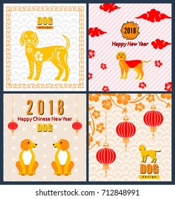 Collection Banners with Chinese New Year Earthen Dog, Blossom Sakura Flowers, Lanterns. Templates for Design Greeting Cards, Invitations, Flyers etc. - Illustration Vector