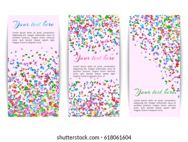 Collection of banners with colored confetti on bright colorful background.
