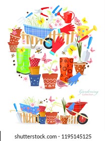 collection of banners with colorful gardening tools and equipments for your design
