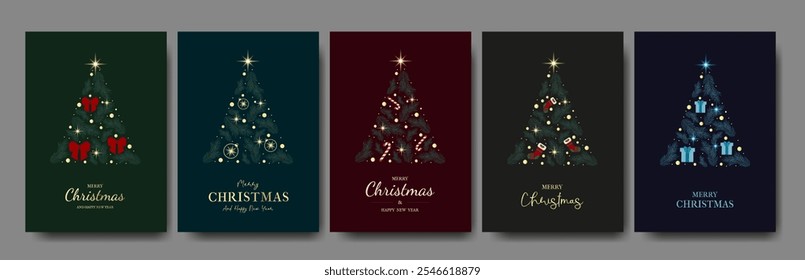 Collection of banners with Elegant Christmas tree, fir branches, lights, New Year elements and typography. Vector design concept greeting cards. Merry Christmas, Happy New Year.