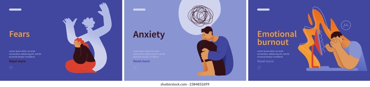 Collection of banners. Fears, Anxiety,Emotional burnout. Mental disorders. Modern flat vector illustrations 