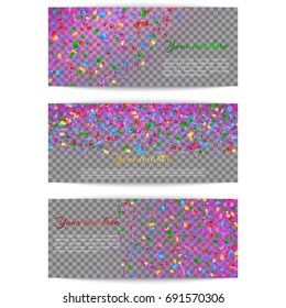 Collection of banners with floating multicolored confetti for birthday greetings. 