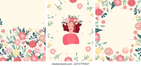 A collection of banners with flowers, a woman and a floral wreath on her head on a pastel background. Spring flowering. Ideal for greeting cards, banners, cards, posters. Vector illustration.