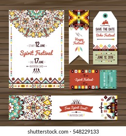 Collection of banners, flyers or invitations with geometric elements. Flyer design in bohemian style