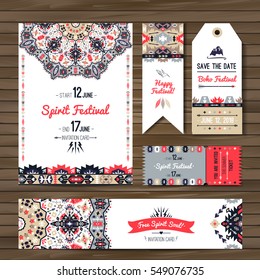 Collection of banners, flyers or invitations with geometric elements. Flyer design in bohemian style