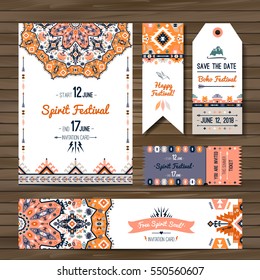 Collection of banners, flyers or invitations with geometric elements. Flyer design in bohemian style