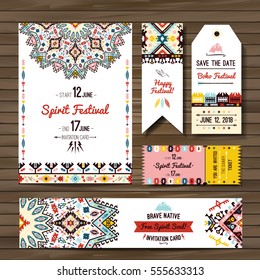 Collection of banners, flyers or invitations with geometric elements. Flyer design in bohemian style