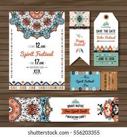 Collection of banners, flyers or invitations with geometric elements. Flyer design in bohemian style