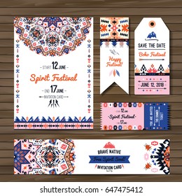 Collection of banners, flyers or invitations with geometric elements. Flyer design in bohemian style