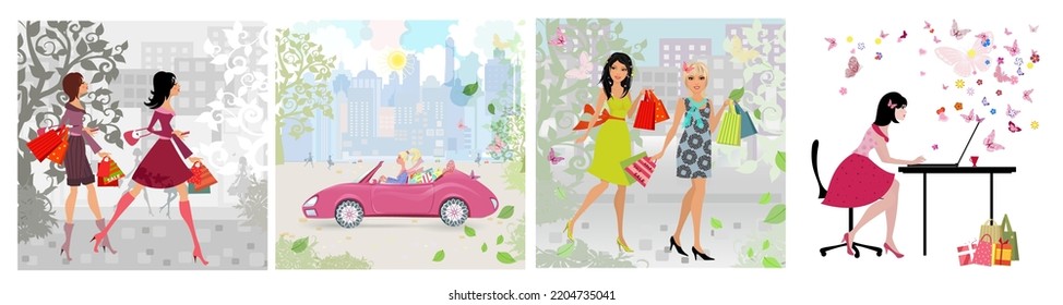 collection of banners with girls enjoying shopping. cityscape with walking young women carrying shop bags. fashion lady riding a car. pretty girlfriends making purchase at the city. girl buying online