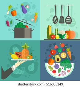 Collection of banners with healthy food for culinary school, healthy diet illustration or restaurant menu. Healthy vegetables and fruits. Vector flat art.