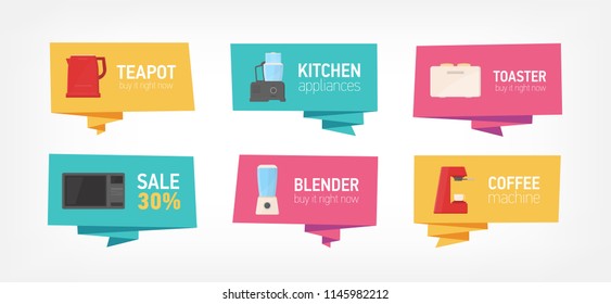 Collection of banners with kitchen utensils and household appliances isolated on white background. Bundle of badges with cooking facilities or electric tools. Flat colorful vector illustration