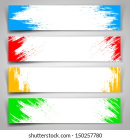 Collection of banners of multicolor paint strokes on white background.
