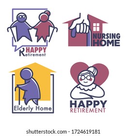 Collection of banners with nursing home for senior characters. Elderly house for retired people, grandmothers and grandfathers. Set of isolated icons with disabled people, care for old vector