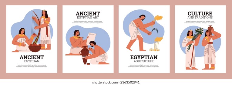 Colección de pancartas o afiches de cultura, arte e historia del Antiguo Egipto. Carteles con antiguos egipcios para eventos culturales de museos, ilustración vectorial plana.