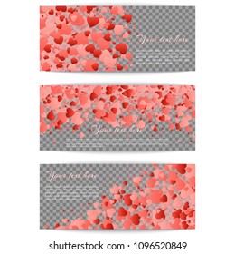 Collection of banners with red falling hearts confetti. Vector illustration of a romantic style