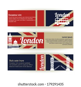 Collection of banners and ribbons with London landmark buildings isolated vector illustration