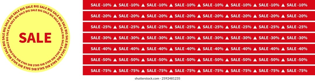 Collection of banners for sale with different discount percentages. Bright red and yellow design with SALE inscriptions and discount percentages