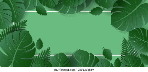 collection of banners set with green tropical leaves on white,yellow, pink background. Exotic leaves poster frame  botanical design for cosmetics, spa, perfume, beauty salon, florist shop.