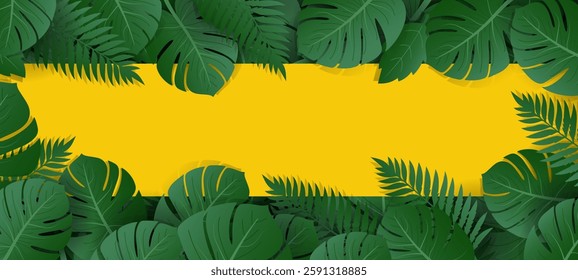 collection of banners set with green tropical leaves on white,yellow, pink background. Exotic leaves poster frame  botanical design for cosmetics, spa, perfume, beauty salon, florist shop.