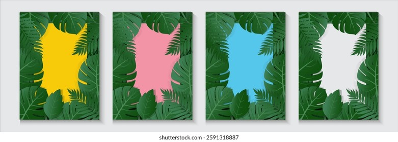 collection of banners set with green tropical leaves on white,yellow, pink background. Exotic leaves poster frame  botanical design for cosmetics, spa, perfume, beauty salon, florist shop.
