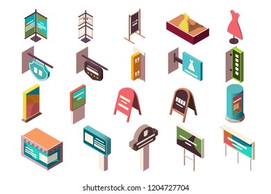 Collection of banners, signs, advertising for institutions. Concept business promotion icons set. Low poly. 3d vector isometric illustration.