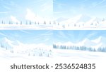 Collection of banners with snowy mountain landscapes. Flat winter landscape. Snowy weather. Design for travel advertising banners, greeting cards. Vector image.