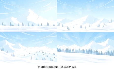 Collection of banners with snowy mountain landscapes. Flat winter landscape. Snowy weather. Design for travel advertising banners, greeting cards. Vector image.