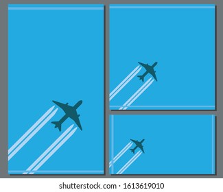 A collection of banners for social networks for a travel company. Square, horizontal and vertical banner in the format 1: 1, 9:16, 2560x1440 with an airplane in the sky and place for text