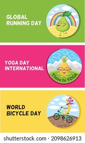 Una colección de banners para una tienda de artículos deportivos, yoga, gimnasia y competencias deportivas. Los personajes de caricatura hacen deportes, carreras, yoga y ciclismo