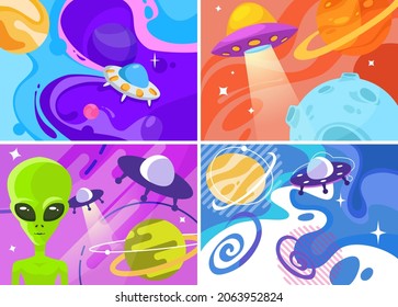 Collection of banners with UFO. Placard designs in cartoon style.