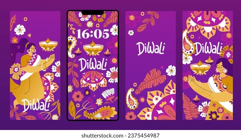 Collection Banners for your phone with the theme of celebrating the Indian holiday Diwali. Design with flowers, a woman in national costume and candles. Vector illustration in cartoon style.