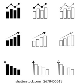 Collection of bar chart icons showing growth, decline, and trend isolated on white background