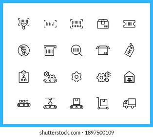 Collection of Bar Code and Product linear icons. tag, identification, scanner, parcel. Set of conveyor, belt symbols drawn with thin contour lines. Vector illustration.